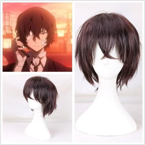 Anime Bungo Stray Dogs Dazai Osamu Cosplay Wig Heat Resistant Short Brown Synthetic Hair Cosplay Costume Wigs + Wig Cap