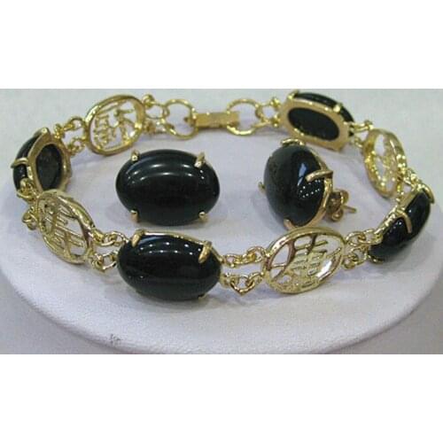 Natural Black Rich jade Earrings / Bracelet Set >> watch wholesale Quartz jade CZ crystal