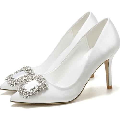 Korean Style Pointed High Heel White Wedding Shoes Rhinestone Bridal Shoes Small Size Shoes 33-43 Sizes Dress Party Shoes
