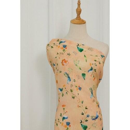 High quality ramie fabric Blue Bird Print tissu High grade dress Robe cheongsam sewing