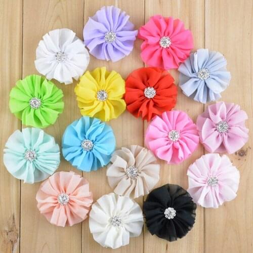 Yundfly 10pcs Chiffon Flower With Rhinestone Button For Children Infant Toddler Hair Accessories Baby Headband Hair Flowers