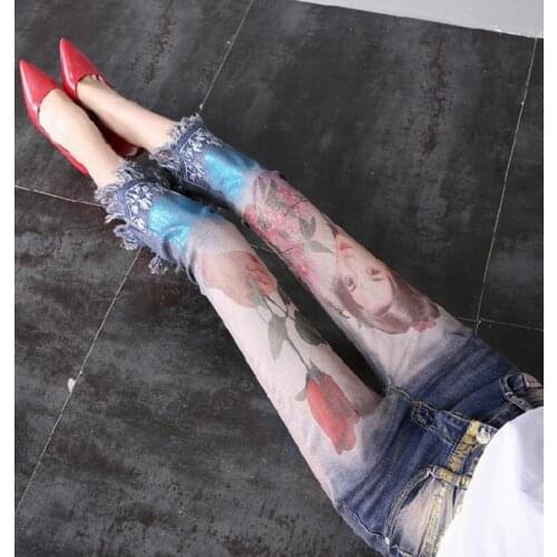 Womens Korean Fashion Flower print Slim tassel Jeans Female Sexy Jeans Plus Size denim ninth pants TB460