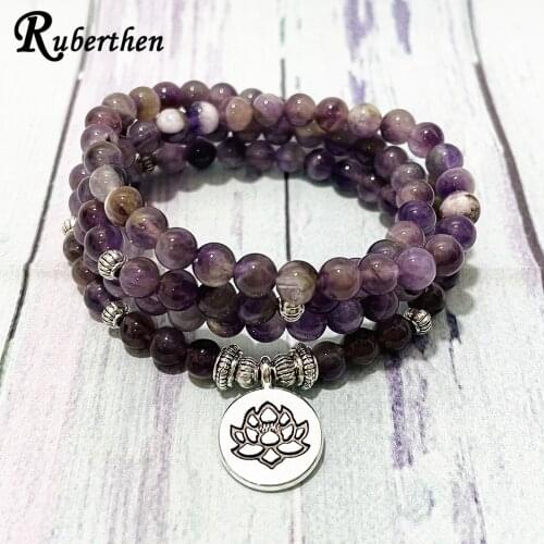 Ruberthen 6 mm Dream Purple Crystal Women`s Yoga Bracelet Meditation Lotus Charm Necklace Handmade 108 Mala Beads Jewelry