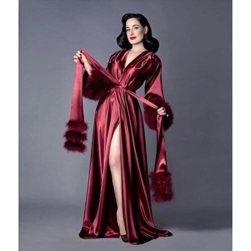 Burgundy Bathrobe for Women Feather Full Length Lingerie Nightgown Pajamas Sleepwear Womens Luxury Gowns Housecoat Nightwear