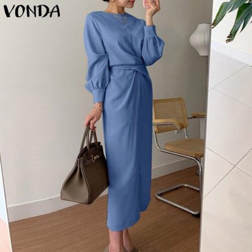 Women Elegant Office Sundress Solid Color Dress 2021 VONDA Casual Pleated Tunic Dresses Spring Long Sleeve Zipper Party Vestido