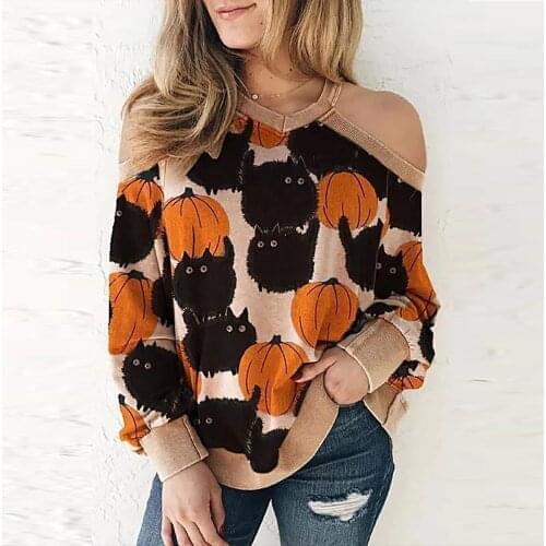 Women Sweater Off-the-shoulder Tops Halloween Pumpkin Print Long-sleeved Sweatshirt Casual Pullover Halter Knitwear Shirts
