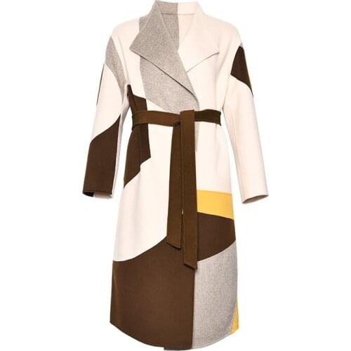 The Winter Womens Long Double-Sided Wool Coat Stitching Contrast Geometric Pattern Street Style