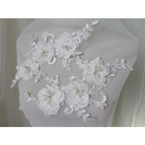 1 Pair Exquisite 3D Flower Lace Applique With Pearl Beaded Rhinestone Wedding Dress Sewing Trim 25cm*12.5cm