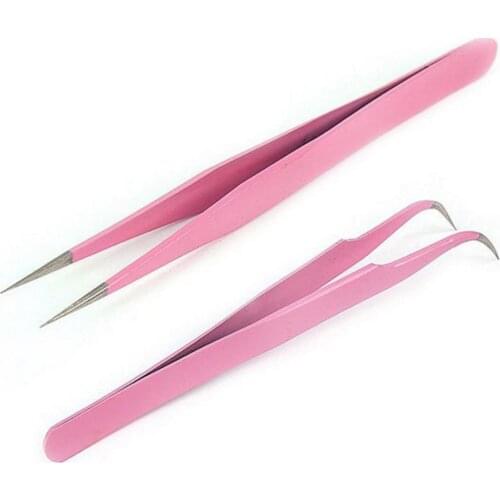 1Pcs Stainless Steel Pink Straight or Bend Tweezer For Eyelash False Eyelashes Tweezers Bend Straight Lashes Applicator Clip