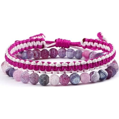 2Pcs/Set Women Thread Rope Bracelet Natural Multicolor 6mm Weathered Stone Charm Beads Bangle Men Jewelry Gift for Couple Friend