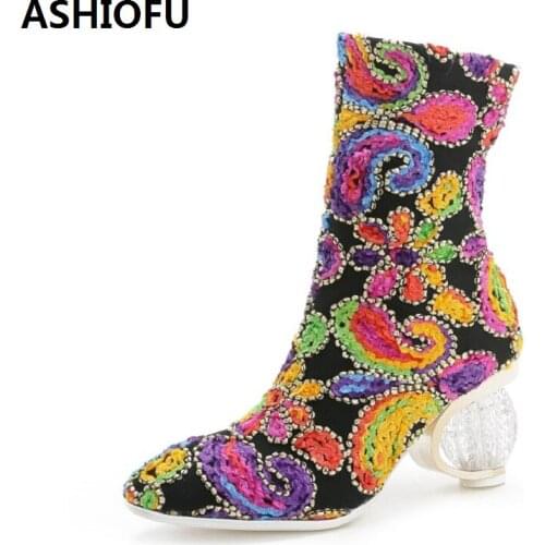 ASHIOFU New Handcrafted Womens Crystal Heel Boots Retro-style Winter Ankle Boots Fashion Dress Evening Short Boots Shoes