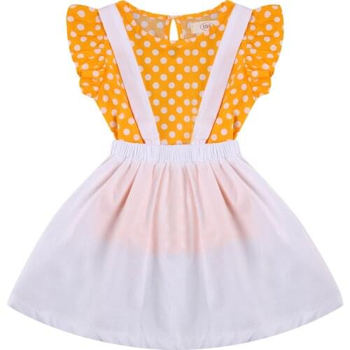Girls Polka Dot Print Round Neck Fly Sleeve Pullover+ Solid Color Suspender Skirt 2 Pieces Kids Suit Set Yellow Simple And Cute