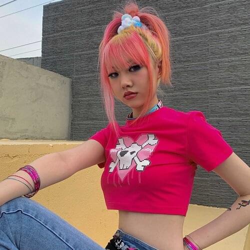 Love Skull Print Anime Harajuku goth Female women t-shirts Kawaii Short Anime T Shirt Summer tee Women Streetwear crop Tops y2k