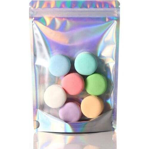 50pcs Holographic Plastic Ziplock Bags Packaging Resealable Stand Up Smell Proof Storage Gift Package for Food Candy Cookies
