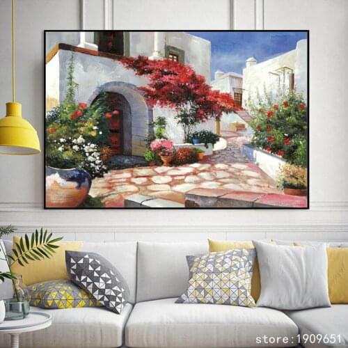 Cotton no frame Mediterranean white house landscape canvas printings oil painting printed on cotton wall art decoration pictures