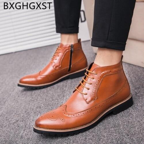 Italian classic shoes mens dress boots Elevator shoes for men ankle boots 2020 brogue shoes men boots leather brand brown dress