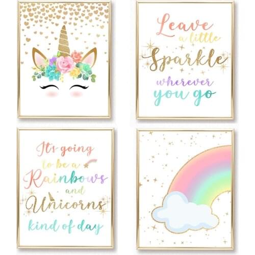 Nordic Pink Unicorn Cartoon Kawaii Rainbow Canvas Painting Prints and Poster for Childrens Bedroom Girl Home Wall Art Decor