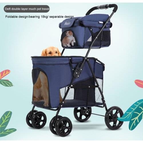 Pet Stroller Dogs Accessories Portable Folding Double Deck Pet Cart Dog Large Space Cart Cage Four Wheel Outdoor Travel Vehicle