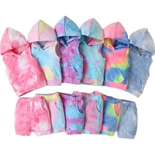 Baby Fashion 2-pcs Outfit Childrens Suit Sleeveless Hooded Tie Dye Print Vest Pullover Tops+Shorts Set For Summer Kids Clothes