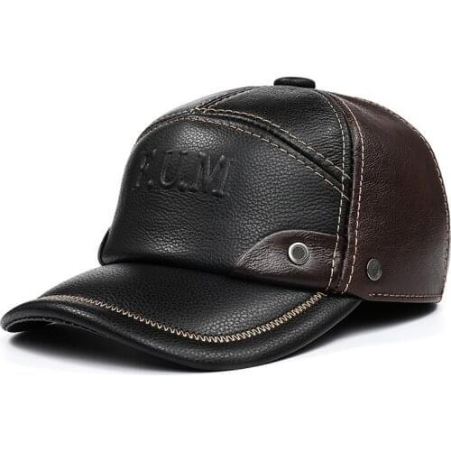 Man Genuine Leather Letter Printed Baseball Cap Mens Cowhide Two Tone Outdoor Leisure Warm Caps With Tab Ear Protect Gorra