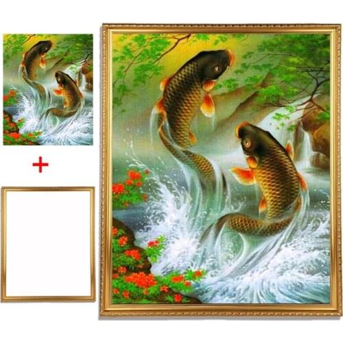 Framed Needlework full diamond embroidery animal diy diamond painting Fish jump round 3d drill diamond icon paste full crafts