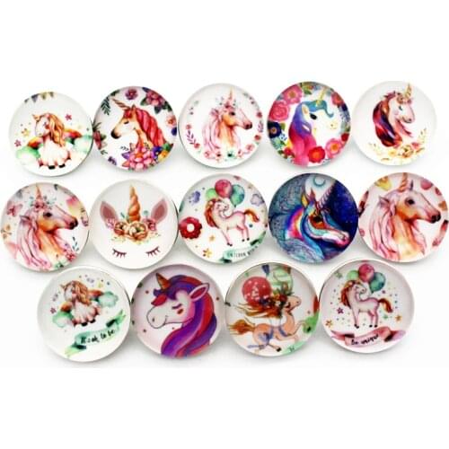New Arrival 12pcs/lot glass unicorn 18mm snap buttons horse leather clasp snap button bracelet snap Bangles jewelry