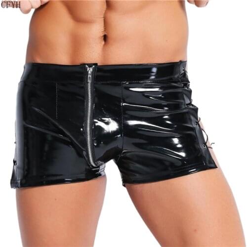 CFYH New Mens Long Leg Bandage PVC Leather Sexy Low Waist Zipper Crotch Pouch Erotic Gay Boxer Underwear Plus Size