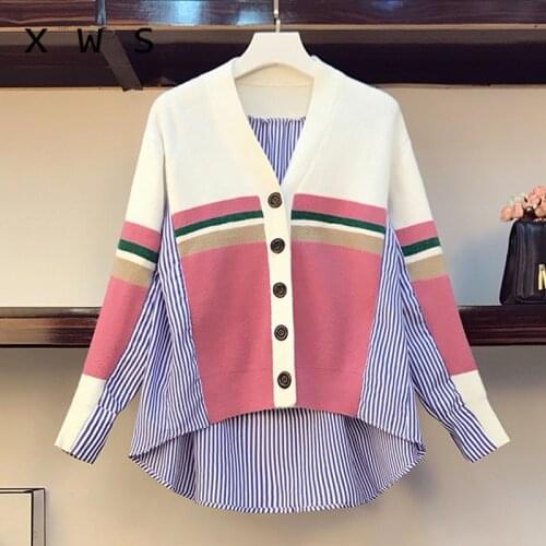Autumn Winter Women Sweater and Cardigans Korean Style Cute Knit Jackets stripe patchwork Sweater Coat Loose Cardigans 2020