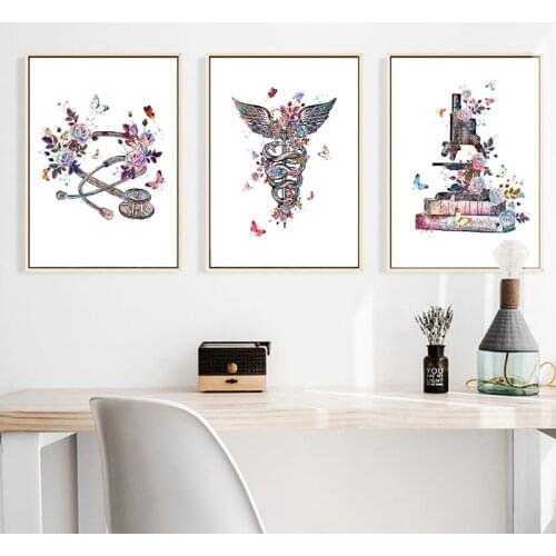 Physician Gift Medical Device Watercolor Art Painting Canvas Print Caduceus Stethoscope Microscope Poster Clinic Wall Art Decor