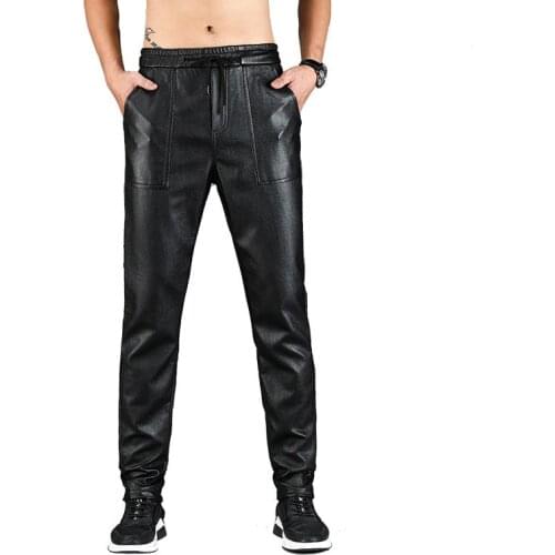Idopy Men`s Spring Autumn Faux Leather Harem Pants Stretchy Jogging Faux-Leather Waist Drawstring PU Joggings Trousers For Male