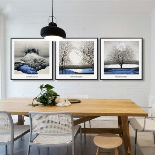 Modern Abstract Chinese Mountains Tree Blue Painting on Canvas Posters and Prints Cuadros Wall Pictures For Living Room Home