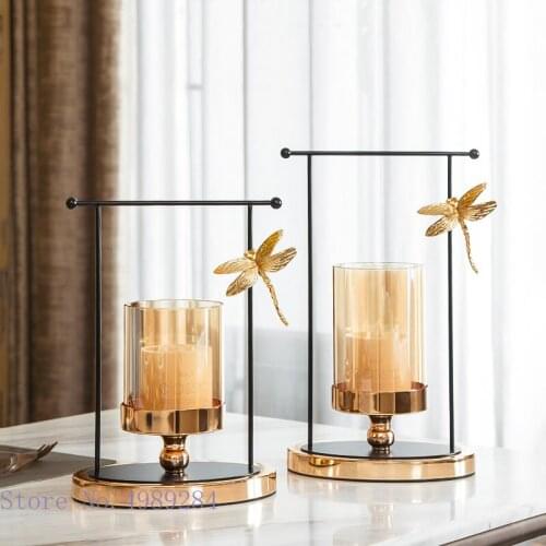 Glass candle holder Metal gold candle holder dragonfly insect Desktop crafts ornaments vase Flower arrangement Home Decoration