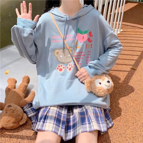 Lolita Girls Hoodies Harajuku Kawaii Sweet Long Rabbit Ear Cap Women Cute Bear Print Sweatshirt Street Fashion Pullovers Clothes