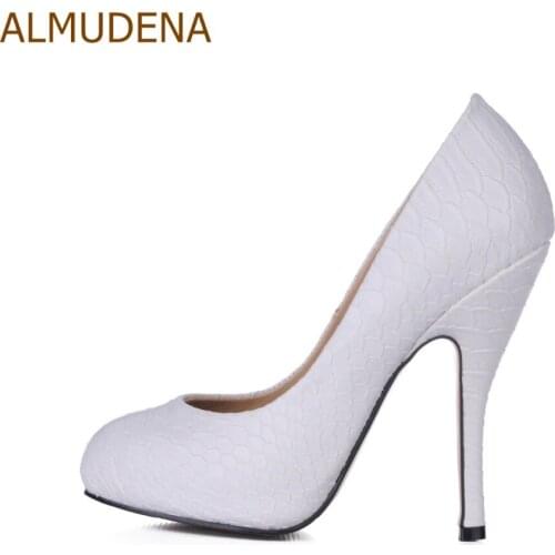ALMUDENA Top Brand White Snakeskin Unique Design Thin High Heel Dress Shoes Young Girls Nightclub Python Pumps Dropship