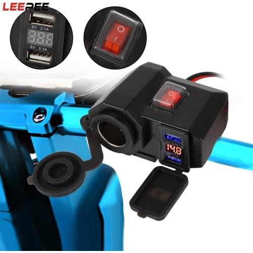 Motorcycle Handlebar Charger For Phone 5V 2.1A Dual USB Socket Adapter Power Supply Cigarette Lighter Digital Display Waterproof