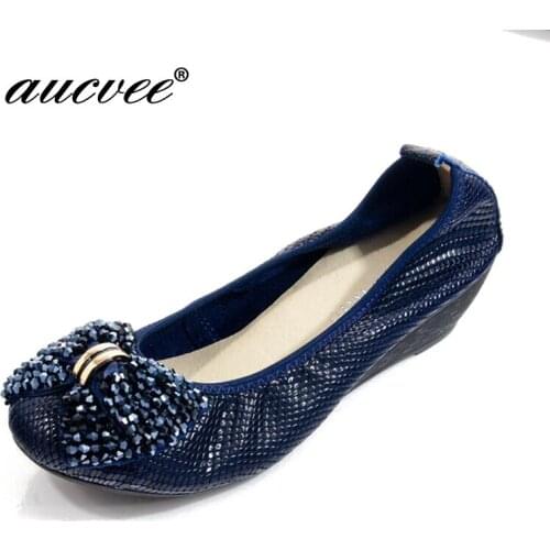 AUCVEE 34~41 Brand Women Pumps Genuine Leather Shoes Cow Leather Round Toe High Heel Wedges Office Ladies Pump JQ-98