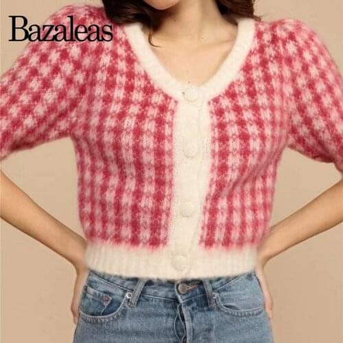 Bazaleas Chic Red Tartan Print Women Sweater Casual Knitted Coat Pull Femme Vintage Front Buttons Cardigan
