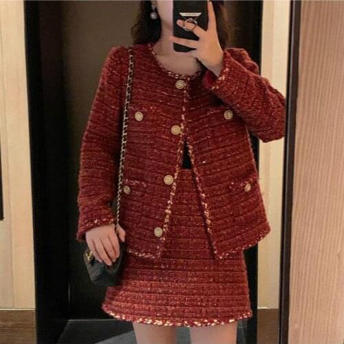 Women 2021 Autumn Winter 2 PCS Set Female Woolen Tweed Jacket Coat & Mini Skirt Set Lady Chic Two Piece Outfits твидовый костюм