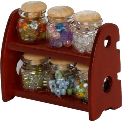 1/12 Miniature Glass Spice Pot Bottle Jars Rack Dollhouse Kitchen Device Accessory Classic Toy Pretend Play Dollhouse Decoration