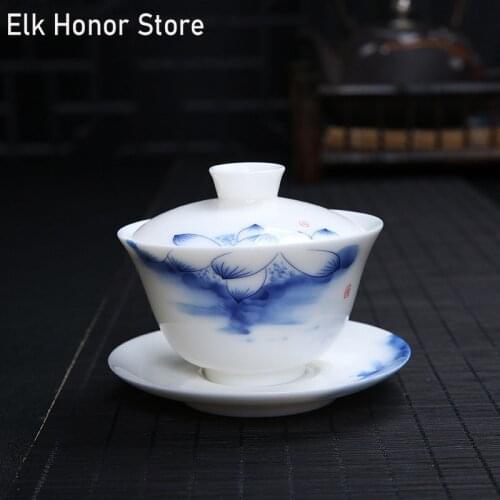 120ml Mutton Fat Jade Landscape GaiWan Hand Painted Small Porcelain Bowls Ceramic Bowl With Lid Flower Cups Drinkware Teaset