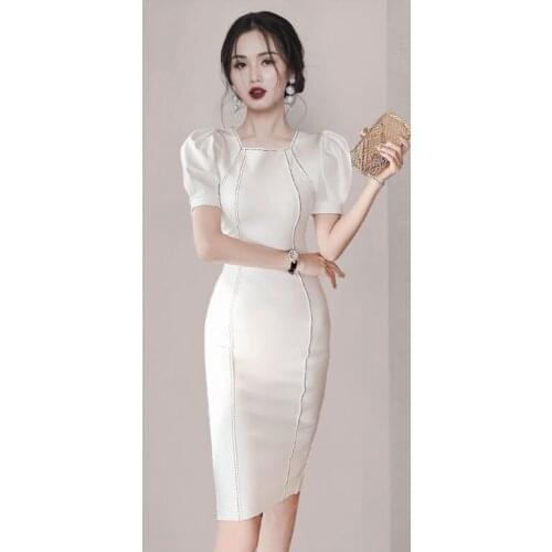 2021 Women Spring Summer New OL Package Hip Dress Lady Elegant Square Collar Sexy Slim Dresses Female Casual Solid Vestidos K190