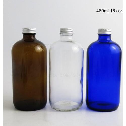 480ml High Quality Blue Clear Deep Amber 16 Oz Beauty Boston Round Glass Bottle with Silver Aluminum Cap