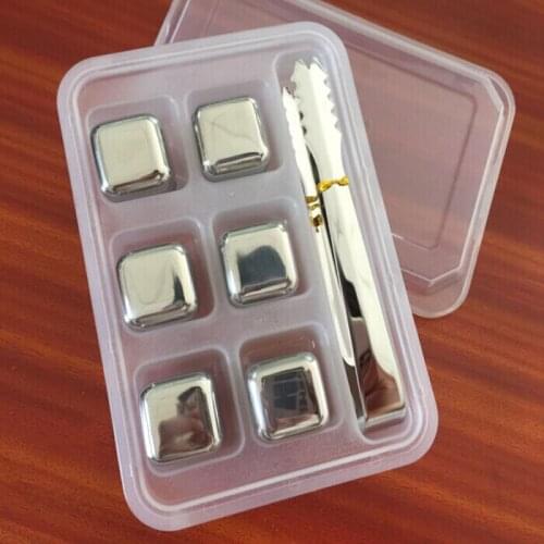 6 Pcs/Lot Cube Whiskey Stones 27mm 304 Stainless Steel With Clip Rock Wine Taste Beer Ice Stone Bar Christmas Gift Cooler PP Box