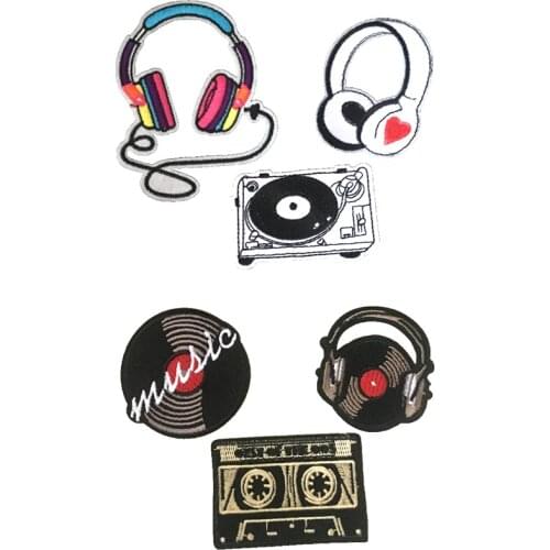 6pcs/lot Vogue Tape Headset Music CD Embroidered Iron on Patches for Clothes Shoes Handbags DIY Sewing Decoration