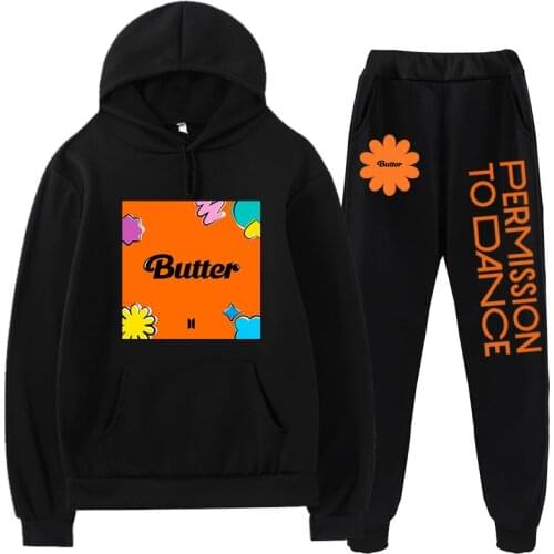 Bangtan Boys butter Men Women Hoodie 2 Piece Set Harajuku Tracksuit Suit Permission to Dance Casual Sweatshirt Fleece Pants