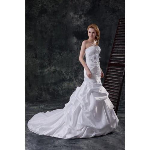 White Satin Beading Floor-Length Strapless Mermaid/Trumpet Wedding Dresses Chapel Train Custom Made