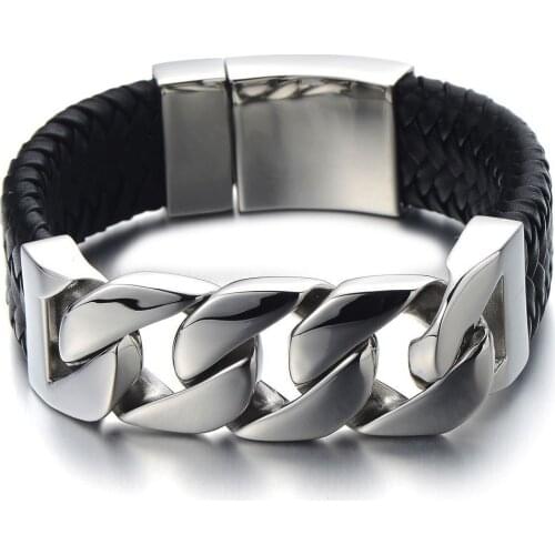 24mm Wide Stainless Steel Silver Color Gold Tone Cuban Curb Link Chain Genuine Leather Wristband Mens Bracelet Jewelry 9inch