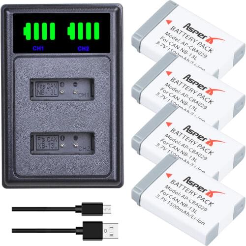AsperX NB-13L NB13L 1500mAh Battery + LED Dual Charger with Type C Port for Canon G7 X Mark II G7X PM165 G5 X G5X G9 X G9X SX620