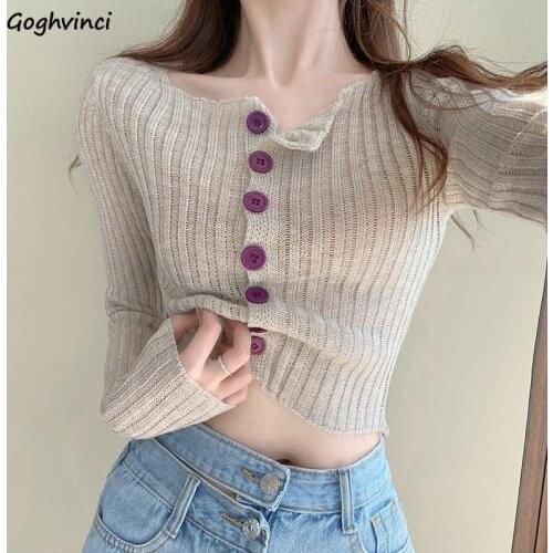 Cardigan Womens Korean Solid Thin Single Breasted Sexy Lady Slim Leisure Knitted Soft Streetwear High Waist Vintage Long Sleeve