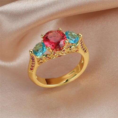 Rose Red Aqua Blue Round Zircon Classic Three Stone Rings For Women Men Wedding Jewelry Vintage Fashion Yellow Gold Crystal Ring